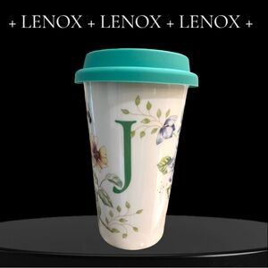 New Lenox Butterfly Meadow Initial J Coffee Travel Tumbler Cup Mug Porcelain